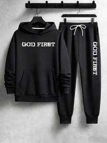 SECRET BASE Men's "GOD FIRST" Religious Graphic Hoodie And Sweatpants Set - Oversized Streetwear Tracksuit - màu đen - Xem 4