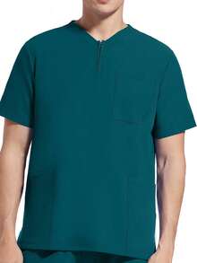 Men Short Sleeve Elastic Work Uniform, Veterinary/Pet Grooming Salon Service Shirts With Pockets, Breathable & Stretchy