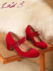 女士玛丽珍鞋，优雅时尚的天鹅绒带扣设计低鞋面粗跟红色高跟鞋，适合婚礼、商务礼仪、工作通勤、礼服、正式场合、派对、日常穿着 - 紅色 - 查看 5