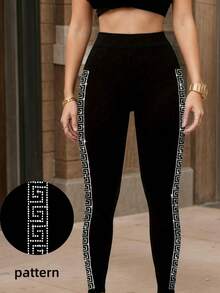 1 Piece Women's Sparkly Side Seam Rhinestone Embellished 7/8 Length Knitted Leggings - Black - View 3
