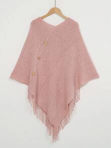 1pc Women Solid Color Button Tassel Knitted Poncho Shawl, Fashionable Casual Warm Wear For Vacation And Daily Use