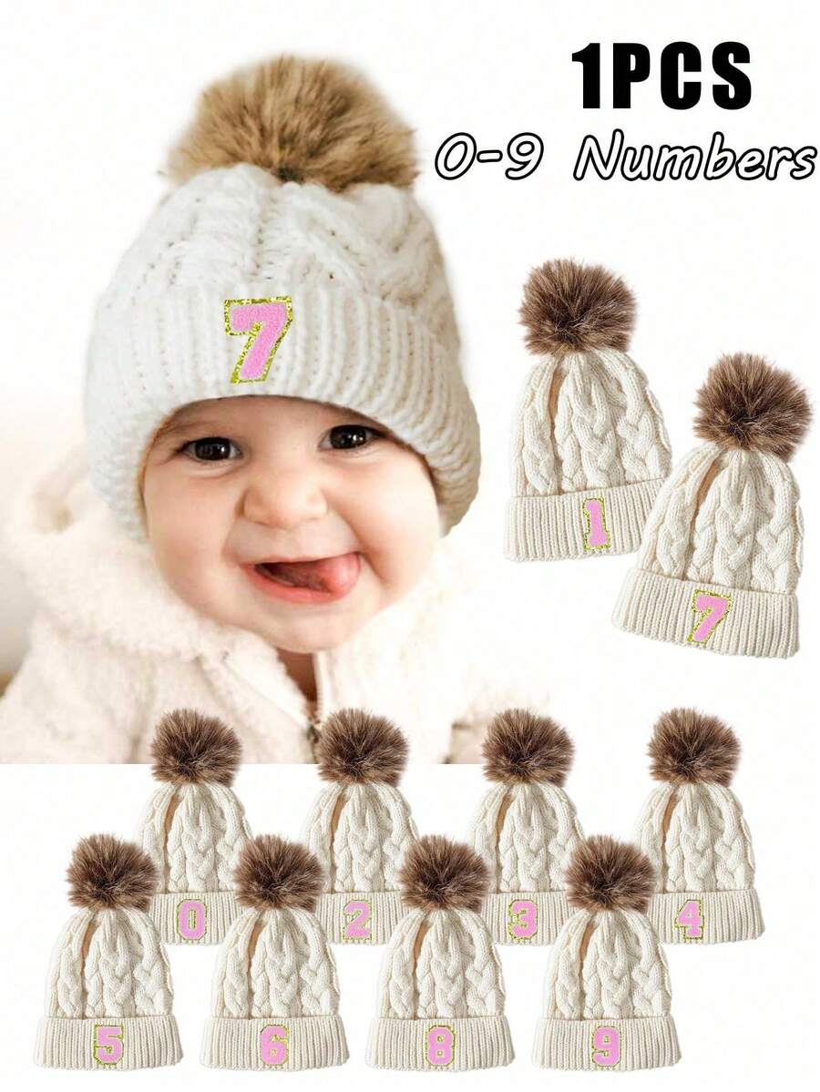 1pc White Knitted Hat With 0-9 Number Patches, Warm Ski Cap For Kids Boys Girls, Y2K Style Outdoor Winter Beanie, Versatile Casual Cold Weather Hat, Suitable For Costume - White - View 1