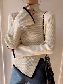 Medio cuello alto Irregular Chic Bottom Sweater Ropa interior de mujer Top de punto asimétrico con cuello medio alto para mujer Otoño/Invierno Elegante prenda interior Diseño chic Prenda de punto cálida y cómoda - Blanco - Ver 3