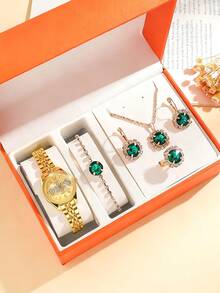 6件套女士石英表套装，时尚奢华合金材质，镶嵌水钻，绿色宝石饰品，适合日常搭配、生日、女士礼物、周年纪念、年末促销、双十一、万圣节、圣诞节促销等场合，不含礼盒 - 金色 - 查看 9