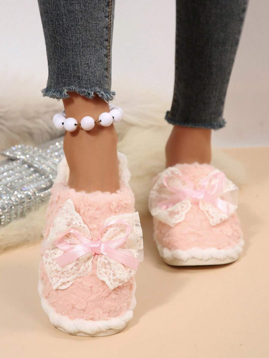 Pantuflas suaves con bordado de dibujos animados lindos para mujer, cómodas para el dormitorio, para todo el año - Rosa - Ver 1
