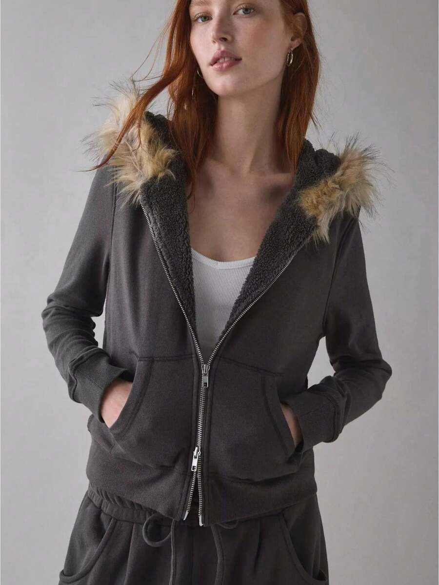 Y2k Zip Up Hoodie Fur Hooded Jacket Graphic Hoodie Grunge 2000s Clothing For Women Crop Winter Coats Streetwear - Màu xám đen - Xem 1