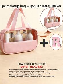 1个透明PVC字母化妆包,防水便携雪尼尔字母拉链化妆品收纳包,简约首字母贴纸旅行化妆包,女士浴室字母印花洗漱包(字母A~Z),送给妈妈的礼物,沙滩包,沙滩必备 - 粉色 - 查看 10