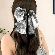 Large Chiffon Silk Hair Bow For Women Mesh Big Bows Hair Clips With Pearls Crystal Tulle Hair Barrettes Long Tail Bowknot Hair Accessories (Grey And White)GreyandWhite - 灰白 - 查看 7