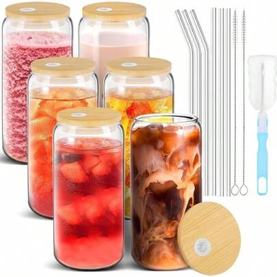6 - Packs Glass Cups Set, 16oz Drinking Glasses With Lids And Glass Straws, Can Shaped Iced Coffee Cup, Beer Can Glass, Cute Tumbler Cup, Homemade Drink