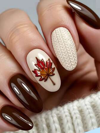 3D立体杏仁形短指甲，24片棕色枫叶图案人造指甲套装，含指甲锉和凝胶，适合女性和女孩在节日、聚会、派对等场合佩戴。