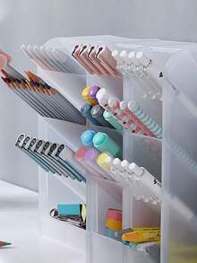 1个多功能桌面收纳盒，透明磨砂笔筒，斜角化妆刷和口红收纳盒，节省空间的紧凑设计，适用于文具/笔筒、化妆刷/口红 - 彩色 - 查看 5