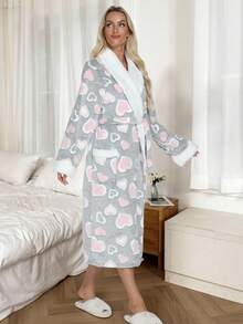 Latest Women's Long Thermal Nightdress, Soft And Warm Long Printed Fluffy Bathrobe, Autumn/Winter Thickened Bathrobe, Women's Casual Knitted Knee-Length Robe With Tie Waist, Standard Cuffs For Comfortable Sleepwear, Pocketed Shower Robe For Home Wear.