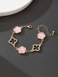 1pc Luxury Elegant Rhinestone Hollow Clover & Flower Charm Bracelet For Women (No Gift Box) - Pink - View 4