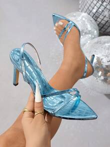 Jin Bei Qi Women's Metal Strap Backstrap Pointed Toe Stiletto High Heel Sandals, Elegant Glamorous Fashion Party Banquet Style, Light Blue High Heels - Blue - View 4
