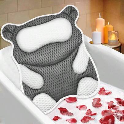 Bath Pillow Tub Bear Shape Design Bath Pillow And Neck Support SPA Bathtub Pillow 4D - Mesh With 8 Suction Cups Washable Gray
