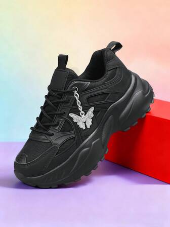 Moderiktiga sportskor för dam med tjock sula, färgblockssneakers med rund tå i läder, lätta, andningsbara sportskor, halkfria, slitstarka tennisskor för utomhusbruk, platåskor, vita sportskor, bekväma vardagsskor för dam