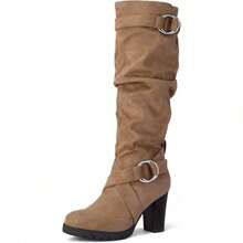 Women's Knee High Boots – Chunky Block Heel, Side Zipper, Warm Winter Boots For Casual, Office & Party Wear - 灰褐色絨面革 - 查看 3