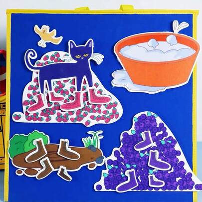 Quixorblex 18件套毛毡故事道具，主题为“猫：我爱我的白鞋子”教育故事，色彩鲜艳的课堂互动和围裙戏剧道具，创意角色扮演和互动教学辅助工具，返校必备，适用于教室、聚会和家庭。