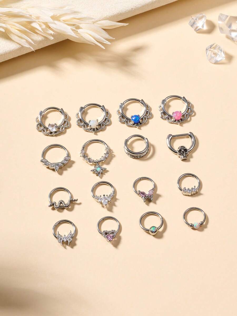 1 chiếc nhẫn bấm vách ngăn 16G bằng thép không gỉ, đồng thau, đá CZ, sụn Opal, vòng xoắn ốc, khuyên tai hình vành tai, khuyên mũi, vòng bấm phân đoạn có bản lề, đồ trang sức xỏ khuyên - Vòng mũi - Xem 1