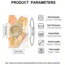 Moda Mujeres Dial completo Números romanos con reloj de incrustaciones de diamantes de imitación con brazalete plateado de doble capa con incrustaciones de diamantes de imitación de conjunto de 2 piezas - Dorado - Ver 4