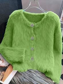 女士常规款绿色绒毛针织开衫，圆领，长袖，纽扣前襟，舒适且略带弹性 - 綠色 - 查看 3