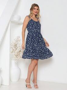 All-Over Floral Print, Ruffled Hem, Beach Style. - 寶藍色 - 查看 4