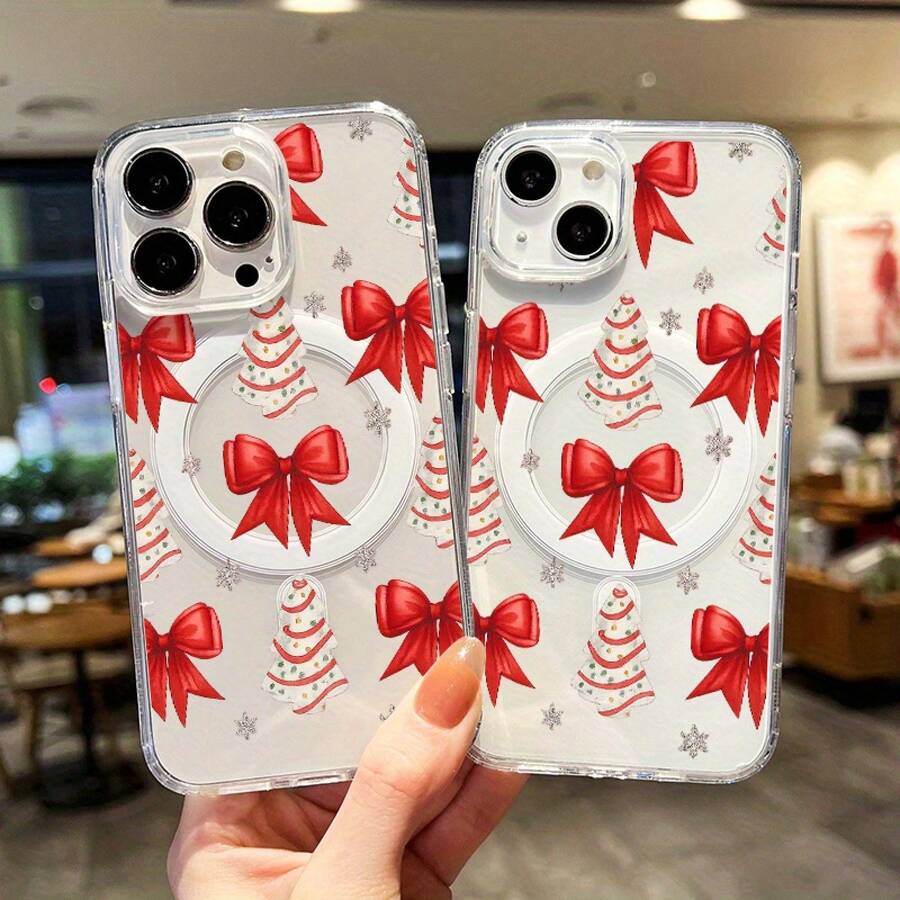 Funda de Teléfono Árbol de Navidad y Lazos Estilo Acuarela Festivo para iPhone 17 16 15 14 13 12 11 Plus Pro Max.Perfecto como regalo de vacaciones, añadiendo alegría festiva con su encantador diseño invernal!, Accesorio de temporada, Tema festivo, Patrón festivo, Duradero - Transparente - Ver 1