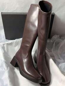 女士冬季过膝长靴，黑色长靴，棕色长靴，方头粗跟侧拉链高筒靴，优雅女士长靴，通勤高品质高筒靴 - 棕色 - 查看 1