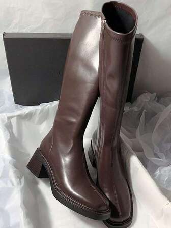 女士冬季过膝长靴，黑色长靴，棕色长靴，方头粗跟侧拉链高筒靴，优雅女士长靴，通勤高品质高筒靴