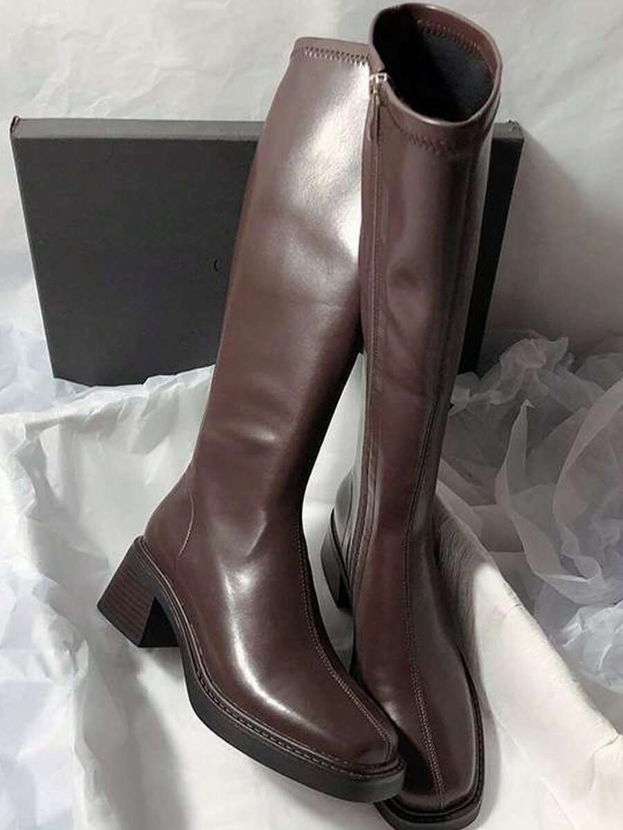 女士冬季过膝长靴，黑色长靴，棕色长靴，方头粗跟侧拉链高筒靴，优雅女士长靴，通勤高品质高筒靴 - 棕色 - 查看 1