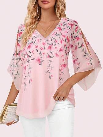 CheersLife Women's Ruffled V-Neck Loose Flowy Belted Blouse With Double Layer Mesh