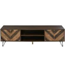 Two-Door TV Unit With Solid Wood Veneer Doors. TV Unit With Two Compartments And A Lower Panel. Gold-Tone Handles And Iron Legs. - 原木色 - 查看 6