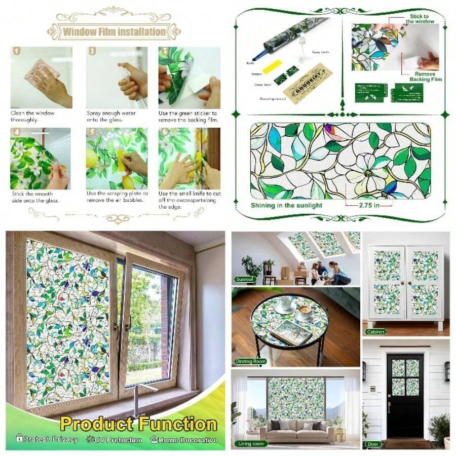 Window Privacy Film Stained Glass Films Window Clings Frosted Glass - Floral Leaf Design - Room Decor Static Cling Decorative Blackout Tint Home Car Skylight Shade Stickers Bathroom Door - 磨砂紫花+17.5*78.5 - 查看 1