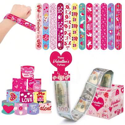 1pc/12pcs/24pcs/1set Valentine's Day Heart Bracelet & Valentine's Day Pull Coin Gift Box Surprise Set