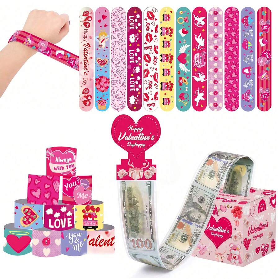 1pc/12pcs/24pcs/1set Valentine's Day Heart Bracelet & Valentine's Day Pull Coin Gift Box Surprise Set - Multicolor - View 1