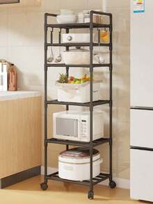 6 Tier Adjustable Kitchen Shelf, Kitchen Organizer Storage Cabinet, Black Metal Shelf With Hooks, Spice Rack, Cookware And Utensil Rack, Home Decorations For Kitchen, Pantry, Bathroom, Valentine's Day And Easter Decorations. - Black - View 2