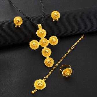 Conjunto de joyas clásico de color dorado para mujer: collar con colgante de cruz, anillo de cuentas pequeñas, aretes, pulsera - Regalo de joyería para novia africana eritrea, fiesta de boda