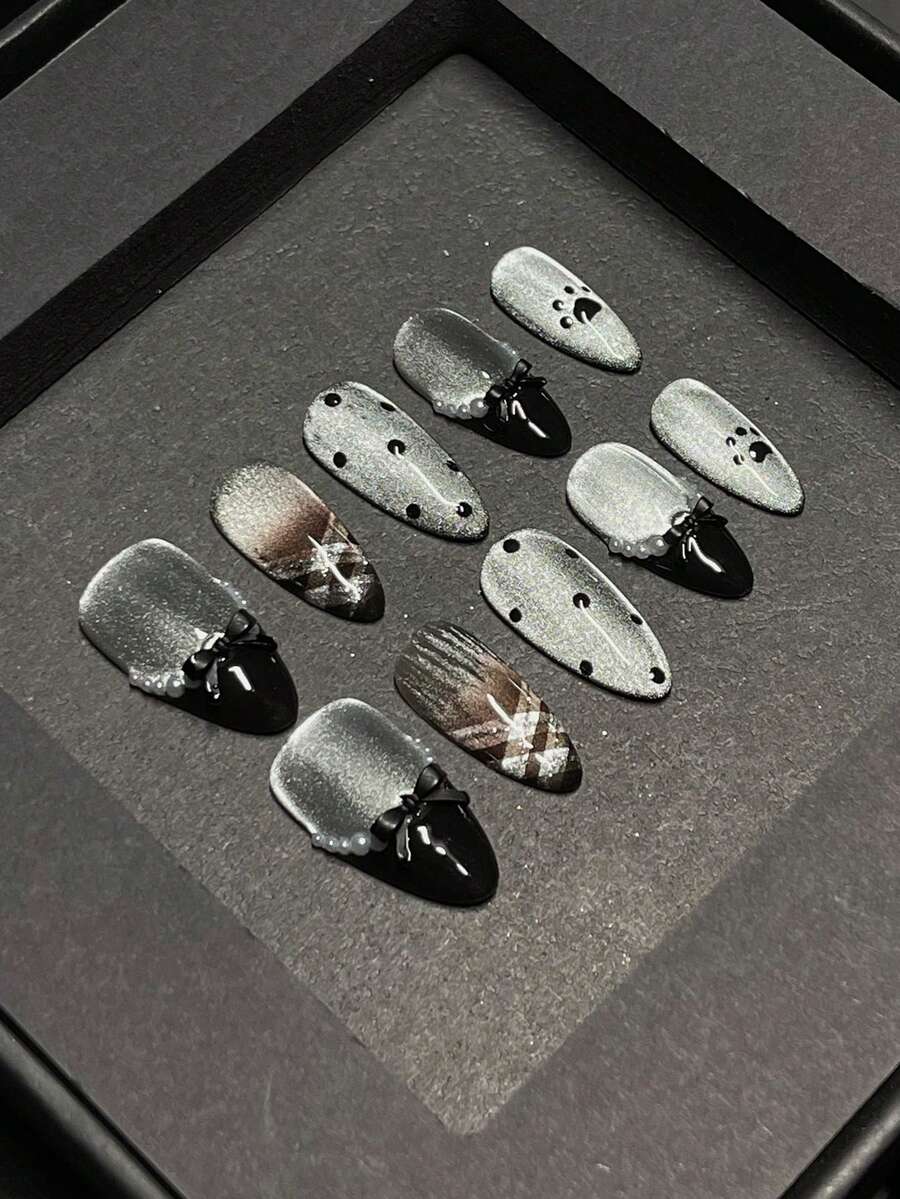 Bộ 10 chiếc - Móng vuốt mèo giả ngọc trai màu đen sang trọng, trang trí móng tay thủ công, phụ kiện làm móng, móng giả dán thủ công. - màu đen - Xem 1