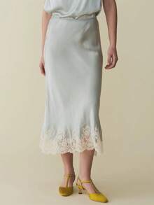 Women Silk Satin Half Slip Long Skirts Lace Patchwork Elastic Waist Long Skirt Elegant Silky Flowy A Line Midi Skirts - 淺藍色 - 查看 4