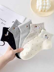 5pairs Women Polka Dot Sausage Dog Pattern Casual Ankle Socks Short Socks For Daily Decoration, Suitable For All Seasons, Shipped Randomly
