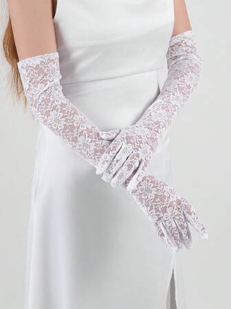 1 Pair,Vintage-Style Floral Pattern White/Black Lace Long Gloves, Bridal Wedding Accessories, Suitable For Festive Parties And Formal Occasions.