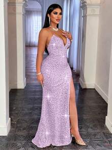 CHOSMO Lavender Fitted Sequin Metal Chain Strap Backless High Waist Slit Dress, Elegant Ladies' Formal Gown For Ball, Cocktail Party, Wedding Guest, Formal Occasion - Mauve Purple - View 6