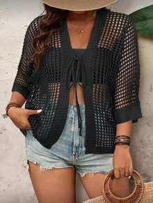 Cardigan Cape Coat Plus Size Knitted Crochet Transparent Summer - 黑色 - 查看 5