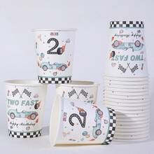 10/20/40/60pcs,Blue Two Fast Racing Car Birthday Party Supplies Set - Race-Themed 9oz Paper Cups With Checkered Flags, Number 1( F3) & "Two Fast" Text - Disposable Cups For Race Car Birthday Party Decorations - Multicolor - View 2