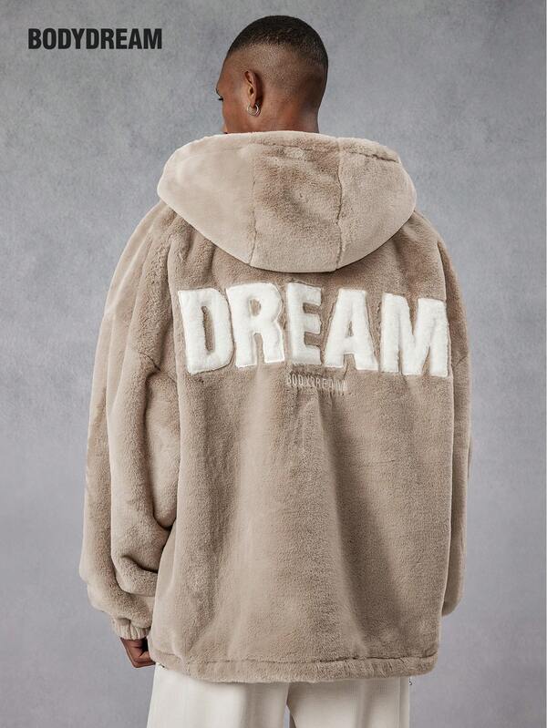 BODYDREAM Autumn/Winter Thick Zip-Up Hooded Jacket, Faux Fur Collar, Loose Fit, Unisex