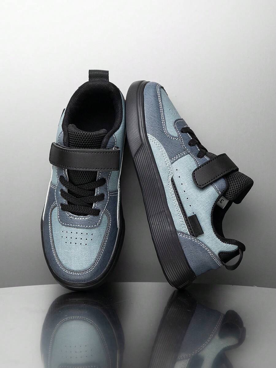 1 Pair Mediterranean Style Low-Top Flat Canvas Shoes For Boys & Girls, Hook And Loop Design, Comfortable, Lightweight, Non-Slip, Suitable For All Seasons - Dark Grey - View 1
