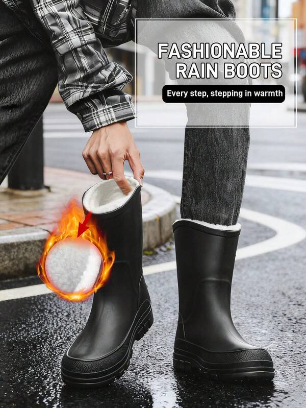 Men's Rain Boots, Thermal Lined For Winter, Waterproof, New Black Design, Suitable For Rainy Weather, Outdoor Fishing, Work Boots, Men's Boots, Men's Work Shoes, Fashionable Casual, Adult Men's Garden Farm Construction Breeding, Easy To Clean In Rainy Season, Waterproof Shoes, Men's Rain Shoes, Men's Waterproof Boots, Construction Site Wading Shoes