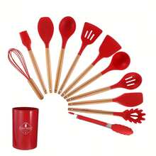 12pcs/Set Silicone Cooking Utensils Set For Kitchen, Heat Resistant Non-Stick Cooking Set With Wooden Handle Spatula Turner Spoon Tongs Whisk - Multicolor - View 4