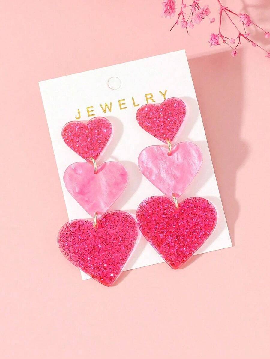 Valentine's Day 1pair Women's Valentine's Day Dreamy Glitter Pink Acrylic Earrings With Three Layer Heart Design, Romantic And Cute Valentines,Mom,Mother,Mother's Day,Gift - 彩色 - 查看 1