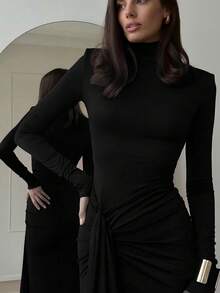 优雅休闲简约长袖高领修身开衩系带冬装连衣裙 - 黑色 - 查看 6
